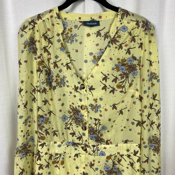 ModCloth Yellow Dragonfly Retro Floral Time To Suit Up Long Sleeve Romper Sz.M - Picture 5 of 15